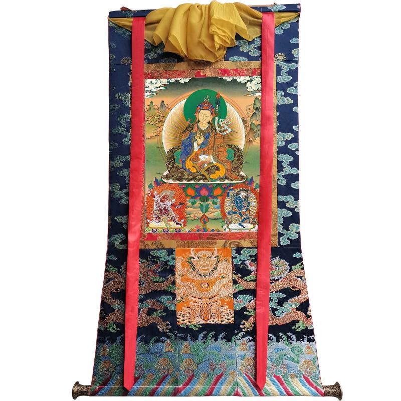 Gandhanra Handmade Thangka - Padmasambhava - Guru Rinpoche with King Trisong Detsen & Shantarakshita - from Kathok Monastery