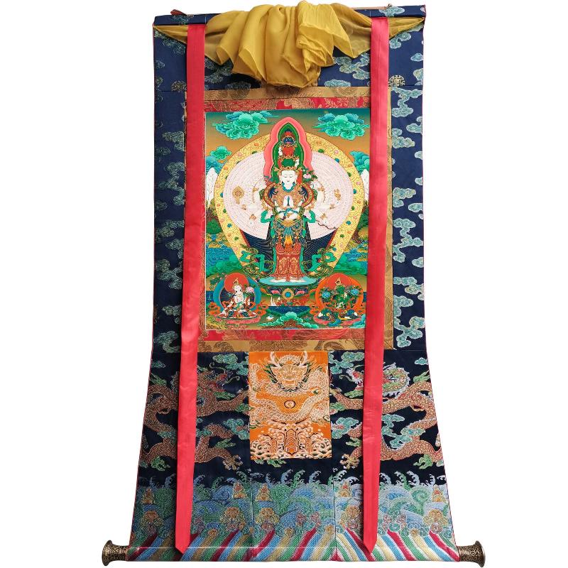 Gandhanra Tibetan Thangka Art - The Thousand-hand Avalokiteshvara - Great White Parasol - from Kathok Monastery - Giclee Print with Mineral Pigments