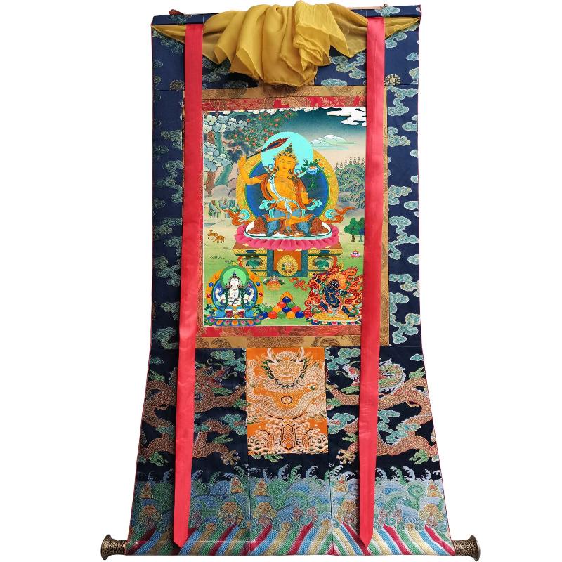 Gandhanra Tibetan Thangka Art - Manjushri Chenrezig Vajrapani - from Kathok Monastery - Giclee Print with Mineral Pigments