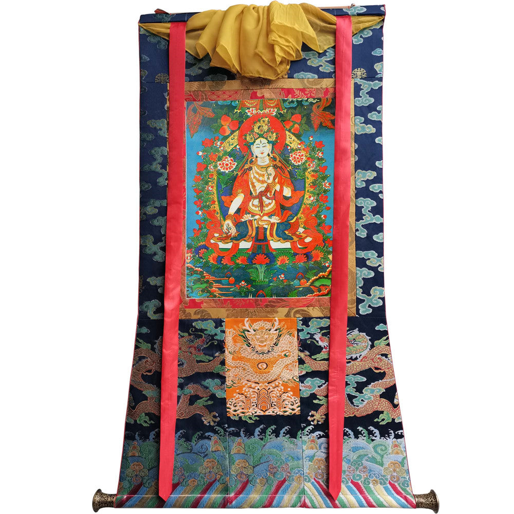 Gandhanra Hand Framed Tibetan Thangka Art,White Tara, Buddhist Tapestry,Giclee Print with Mineral Pigments,48" × 32"