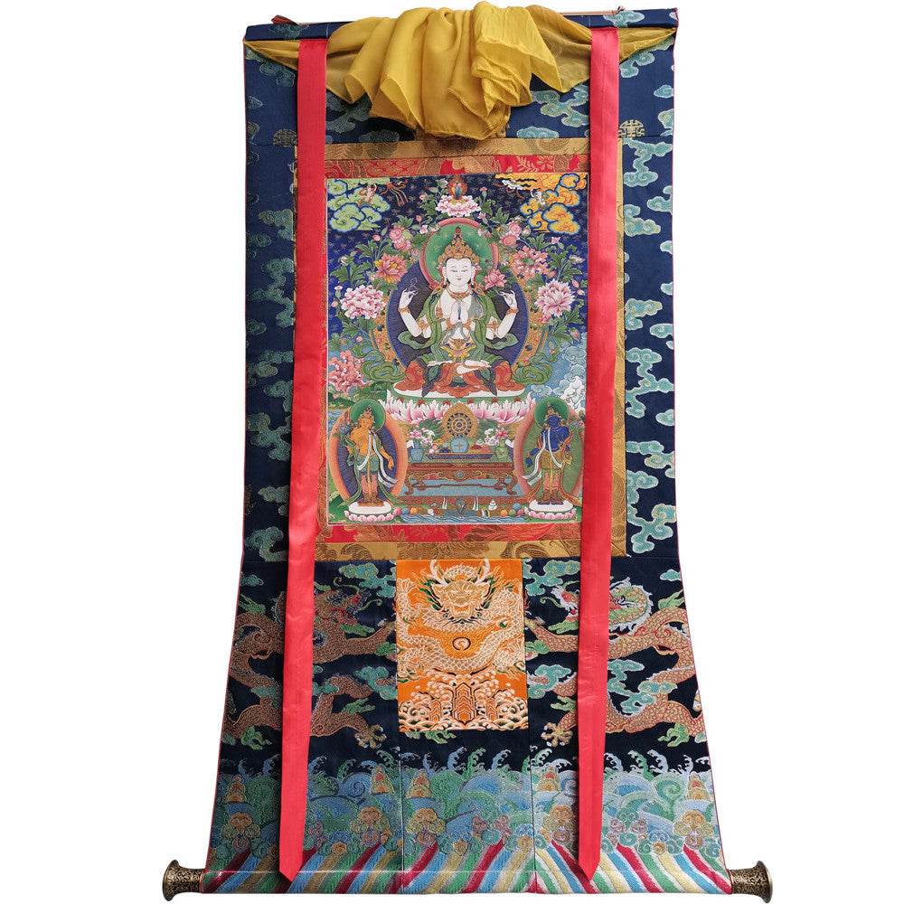 Chenrezig - Tibetan thangka painting, size reference