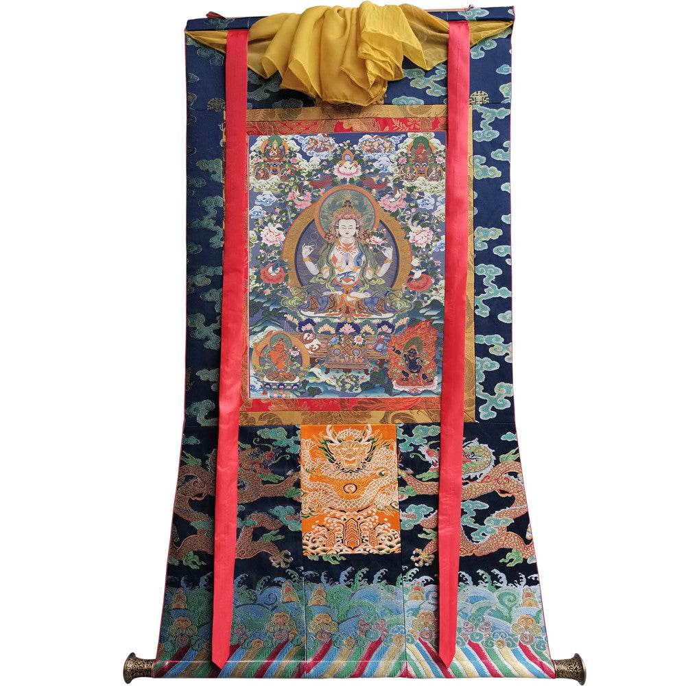 Chenrezig Image - Tibetan thangka painting, size reference