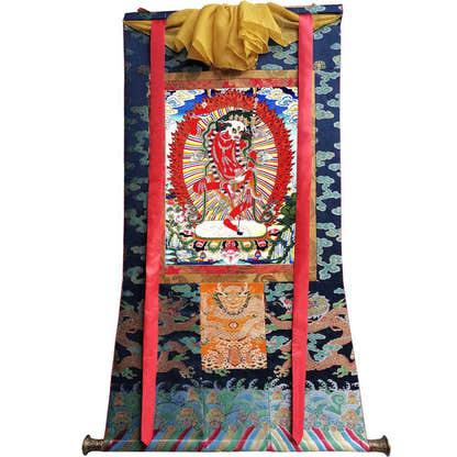 Lion-faced Dakini - Simhamukha - -Simhavaktra -Longsal Sengmar - Tibetan thangka painting, size reference