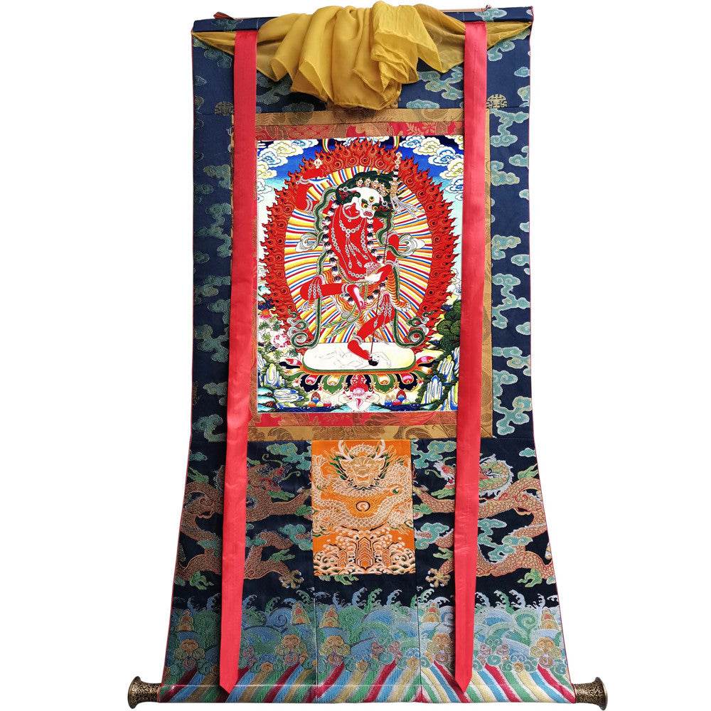 Lion-faced Dakini - Simhamukha - -Simhavaktra -Longsal Sengmar - Tibetan thangka painting, size reference