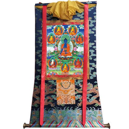 Bhaisajyaguru - Eight Medicine Buddhas Image - Tibetan thangka painting, size reference