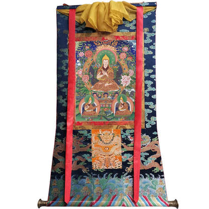 Tsongkhapa and His 2 Disciples - Tibetan thangka painting, view 9
