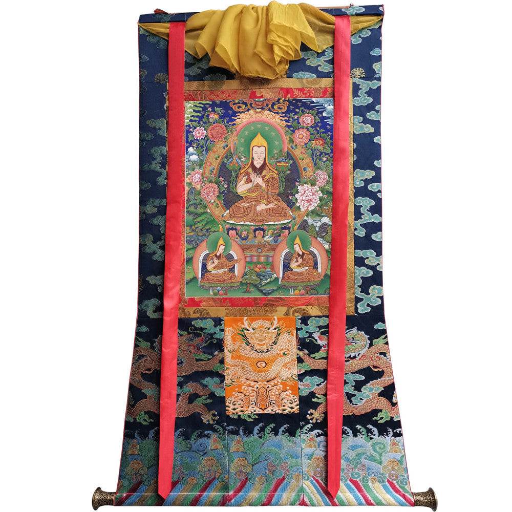 Tsongkhapa and His 2 Disciples - Tibetan thangka painting, view 9