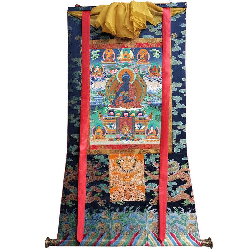 Medicine Buddha Image - Tibetan thangka painting, size reference