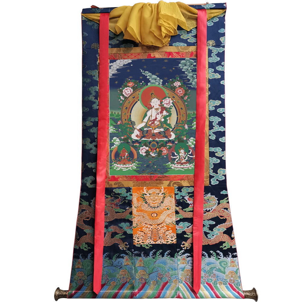 Gandhanra Hand Framed Tibetan Thangka Art,White Tara, Buddhist Tapestry,Giclee Print with Mineral Pigments,48" × 32"