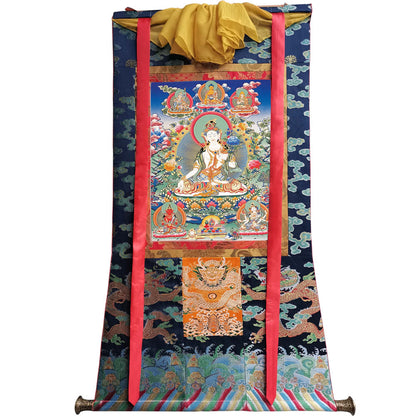 Gandhanra Hand Framed Tibetan Thangka Art,White Tara, Buddhist Tapestry,Giclee Print with Mineral Pigments,48" × 32"