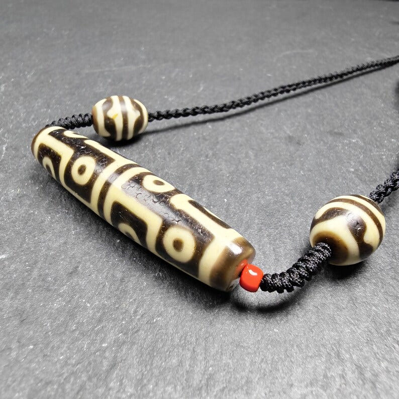 Antique 12 Eyes Dzi Bead Necklace for Man - Tibetan Buddhist bead necklace, front view
