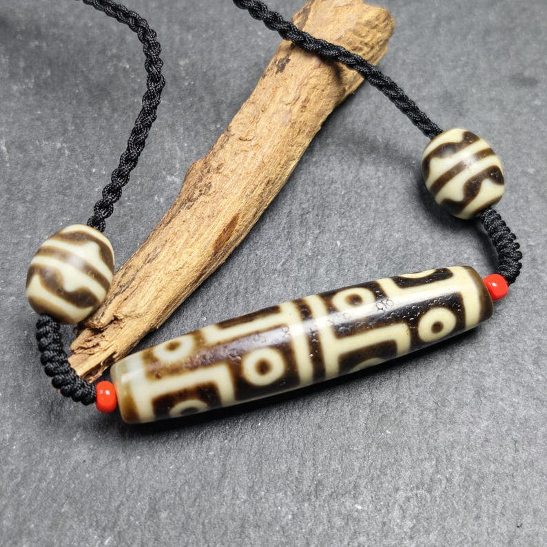Antique 12 Eyes Dzi Bead Necklace for Man - Tibetan Buddhist bead necklace, detailed view
