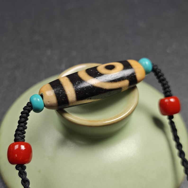 Antique 2 Eyes Dzi Bead Necklace | Tibetan Jewelry | Protection Charm for Happy and Harmonious | Spiritual Gift | 37*12mm