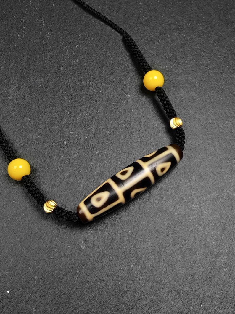 Antique 9 Eyes Bodhi Heart Dzi Necklace - Tibetan Dzi Amulet - 53 x 13mm