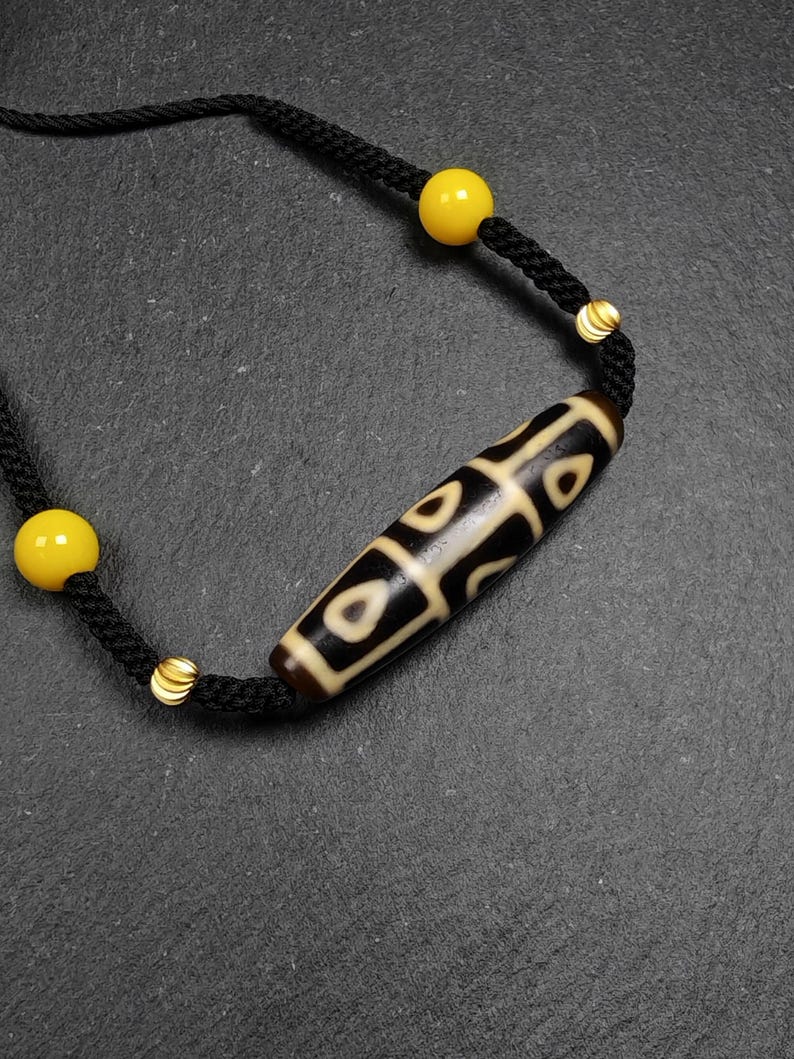 Antique 9 Eyes Bodhi Heart Dzi Necklace - Tibetan Dzi Amulet - 53 x 13mm