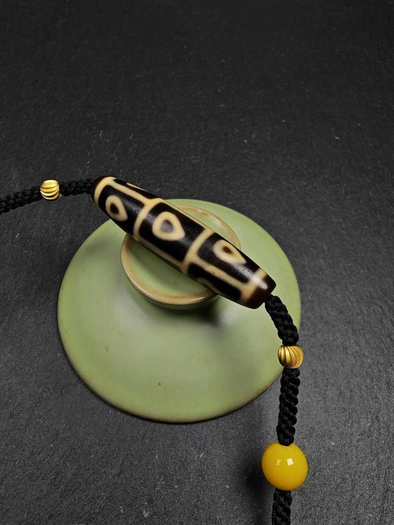 Antique 9 Eyes Bodhi Heart Dzi Necklace - Tibetan Dzi Amulet - 53 x 13mm
