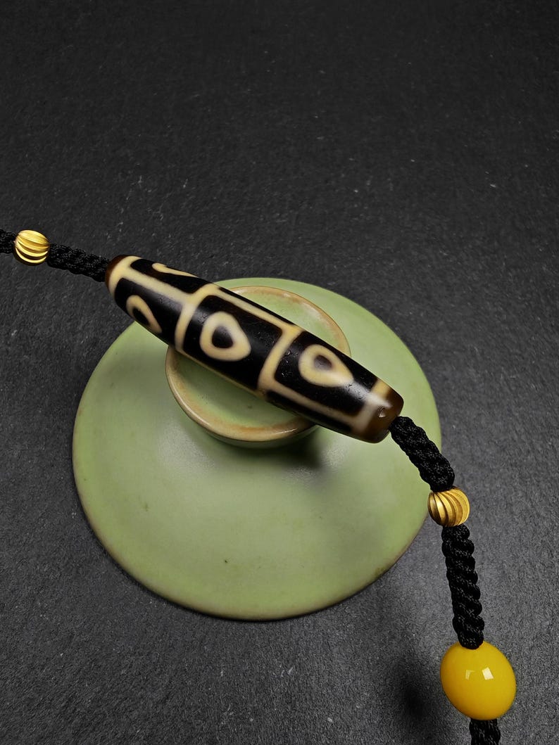 Antique 9 Eyes Bodhi Heart Dzi Necklace - Tibetan Dzi Amulet - 53 x 13mm