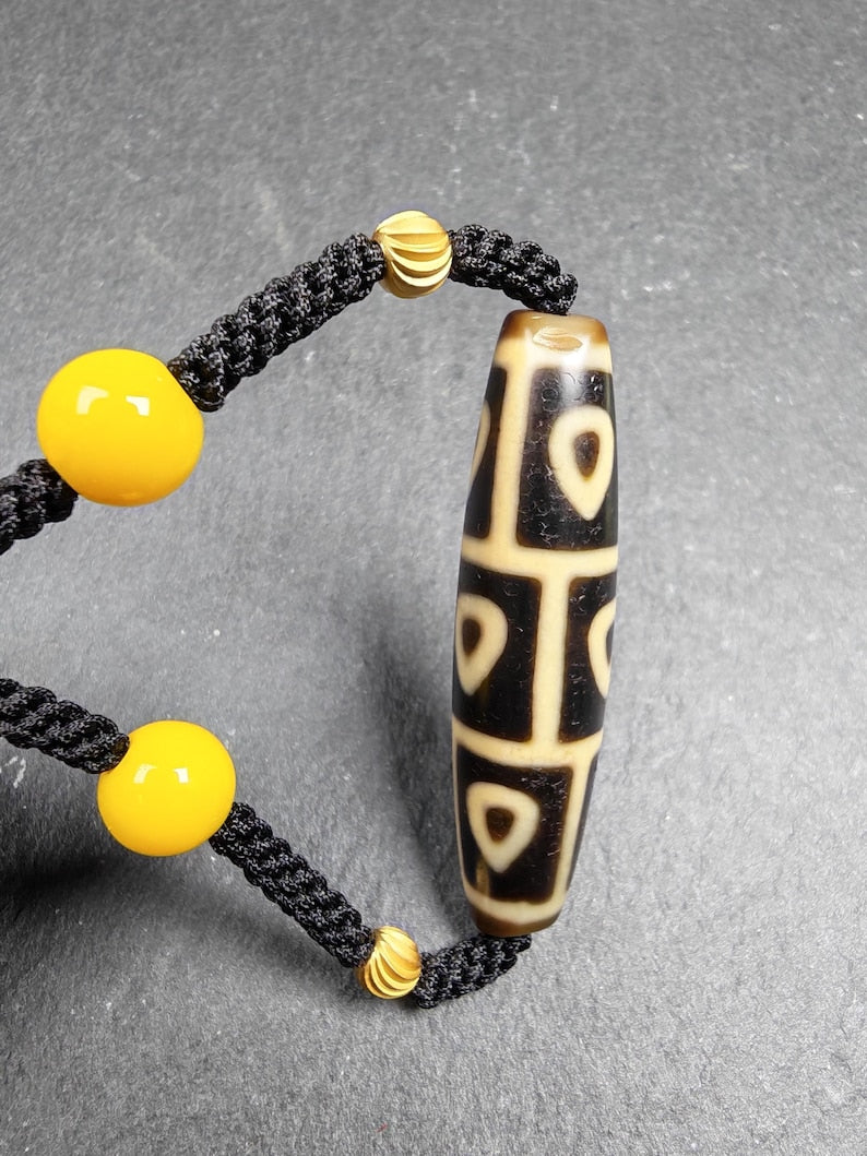 Antique 9 Eyes Bodhi Heart Dzi Necklace - Tibetan Dzi Amulet - 53 x 13mm