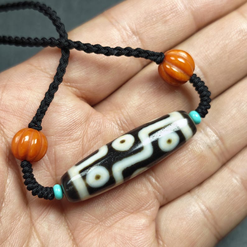 Antique 9 Eyes Dzi Bead Necklace | Tibetan Jewelry | Protection Charm for Happy and Harmonious | Spiritual Gift | 41*12mm