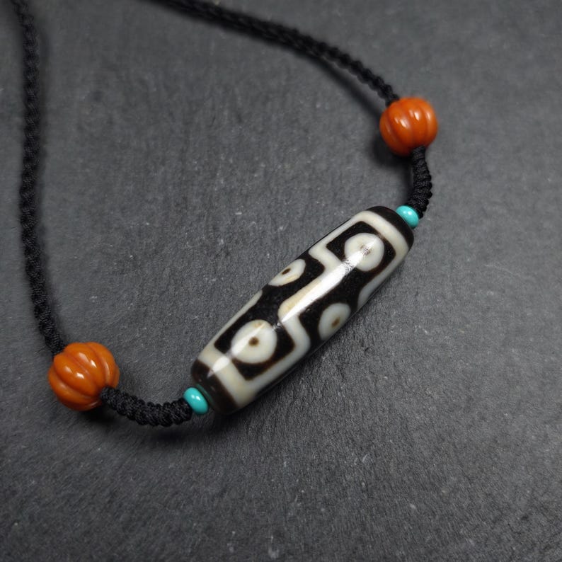 Antique 9 Eyes Dzi Bead Necklace | Tibetan Jewelry | Protection Charm for Happy and Harmonious | Spiritual Gift | 41*12mm