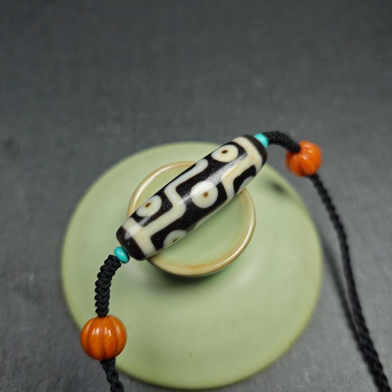 Antique 9 Eyes Dzi Bead Necklace | Tibetan Jewelry | Protection Charm for Happy and Harmonious | Spiritual Gift | 41*12mm