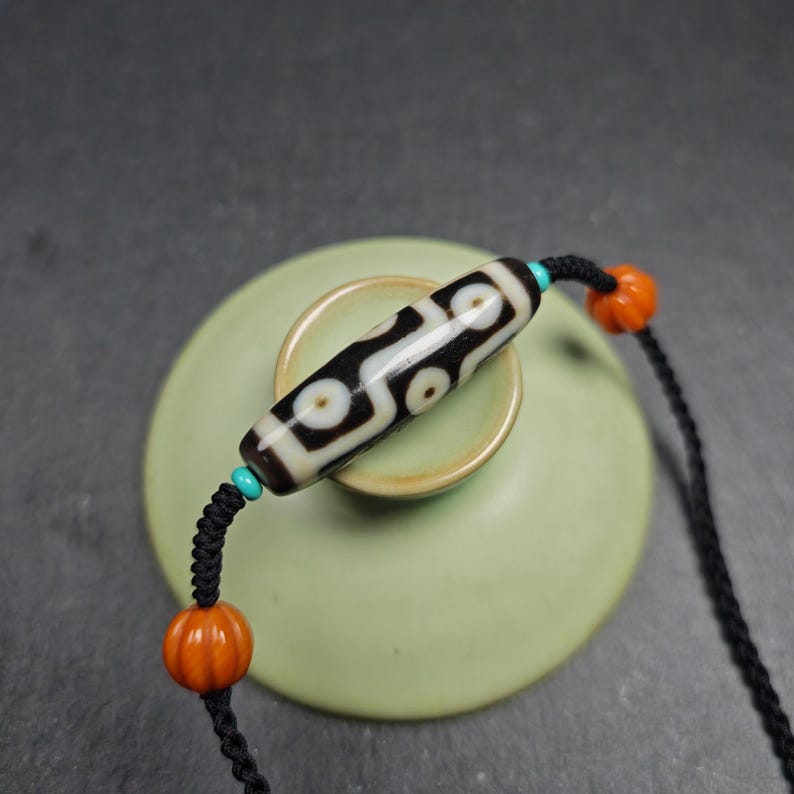 Antique 9 Eyes Dzi Bead Necklace | Tibetan Jewelry | Protection Charm for Happy and Harmonious | Spiritual Gift | 41*12mm