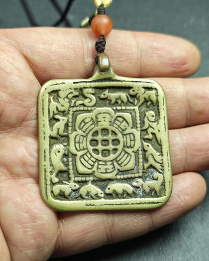 Antique Tibetan Calendar Badge - SIPAHO(srid pa ho) Amulet, Tibetan Buddhist Protective Talisman Melong, Jiugong Bagua