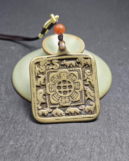 Antique Tibetan Calendar Badge - SIPAHO(srid pa ho) Amulet, Tibetan Buddhist Protective Talisman Melong, Jiugong Bagua