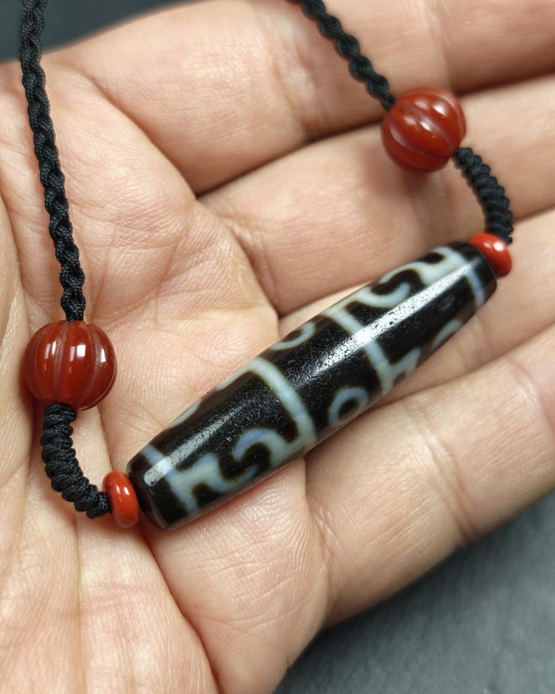Antique Tibetan Dzi Neckalce - Guru Rinpoche Three Realms 3 Eyes Dzi Bead,50× 12 mm, Decadess Old,Spiritual Gift