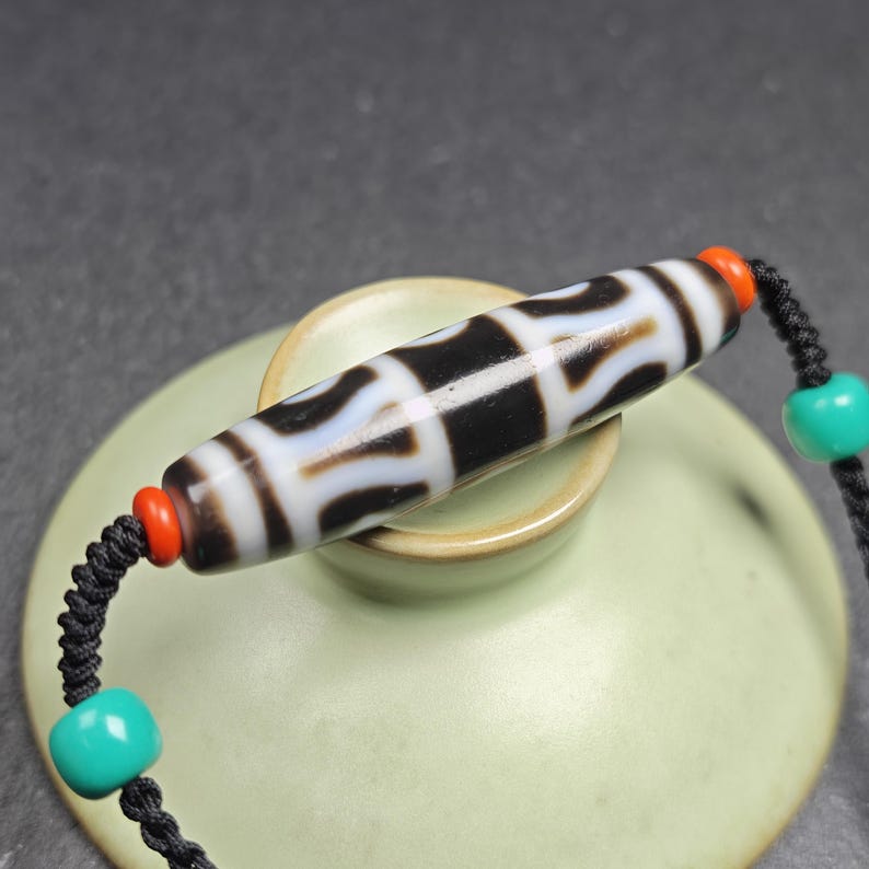 Antique Vajra Dzi Bead Necklace | Tibetan Jewelry | Protection Charm for Invoking Blessings | Spiritual Gift | 49*13mm