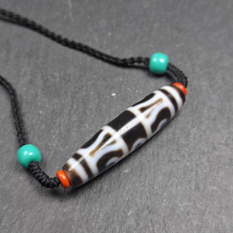 Antique Vajra Dzi Bead Necklace | Tibetan Jewelry | Protection Charm for Invoking Blessings | Spiritual Gift | 49*13mm
