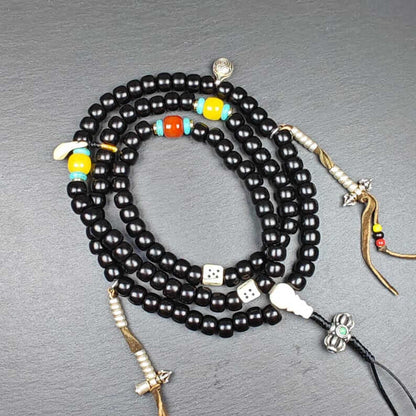 Authentic 10mm Coconut Necklace Mala : Old Tibetan Rosary 108 Prayer Beads - 43cm Stretched