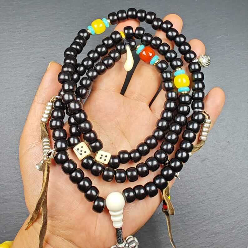 Authentic 10mm Coconut Necklace Mala : Old Tibetan Rosary 108 Prayer Beads - 43cm Stretched