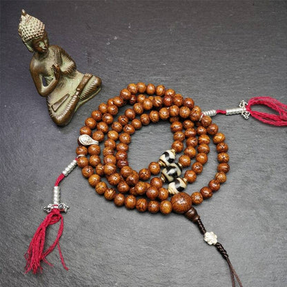 Authentic 10mm Dragon Eyes Bodhi Seed Mala : Old Tibetan Rosary 108 Prayer Beads - 50cm Stretched