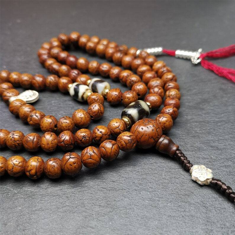 Authentic 10mm Dragon Eyes Bodhi Seed Mala : Old Tibetan Rosary 108 Prayer Beads - 50cm Stretched