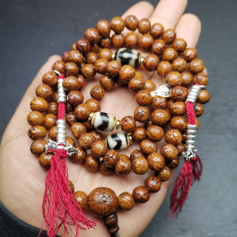 Authentic 10mm Dragon Eyes Bodhi Seed Mala : Old Tibetan Rosary 108 Prayer Beads - 50cm Stretched
