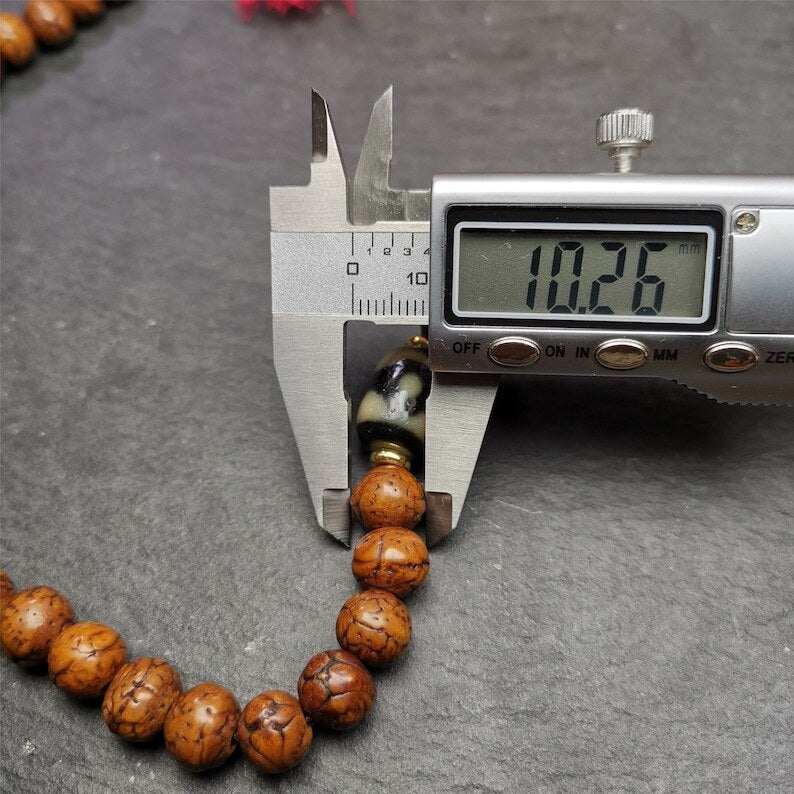 Authentic 10mm Dragon Eyes Bodhi Seed Mala : Old Tibetan Rosary 108 Prayer Beads - 50cm Stretched