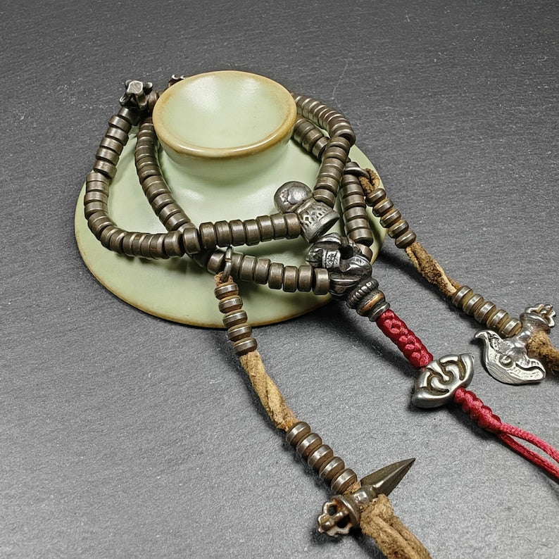 Authentic 5mm Cold Iron Ascetic Hand Hold Mala : Old Tibetan Rosary Prayer Beads - 17cm stretched