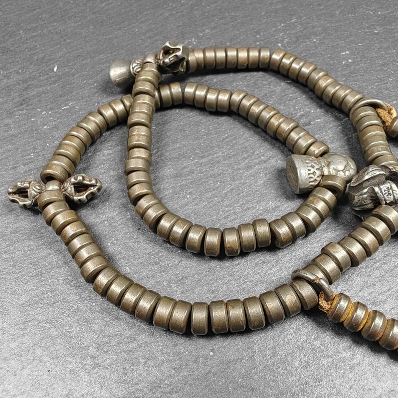 Authentic 5mm Cold Iron Ascetic Hand Hold Mala : Old Tibetan Rosary Prayer Beads - 17cm stretched