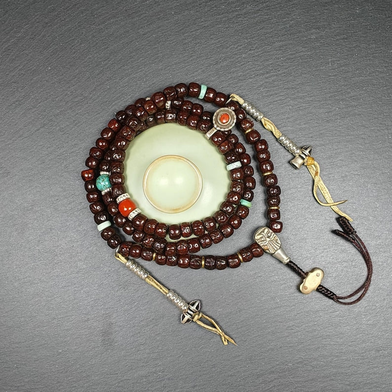 Authentic 8mm Rudraksha Necklace Mala: Tibetan 108 Prayer Beads Rosary - 40cm Stretched