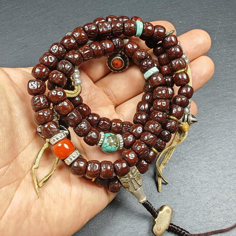 Authentic 8mm Rudraksha Necklace Mala: Tibetan 108 Prayer Beads Rosary - 40cm Stretched