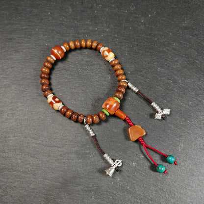 Authentic 9mm Lotus Seed Beads Wrist Mala Bracelet: Decades Old Tibetan Rosary Hand Hold Prayer Beads - 12cm Stretched