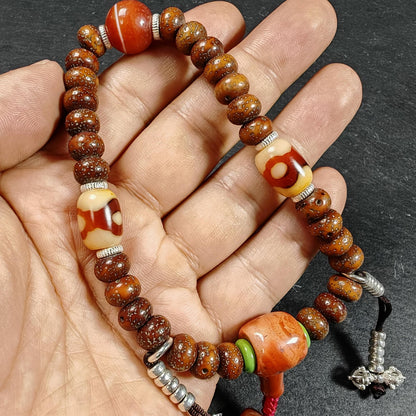 Authentic 9mm Lotus Seed Beads Wrist Mala Bracelet: Decades Old Tibetan Rosary Hand Hold Prayer Beads - 12cm Stretched