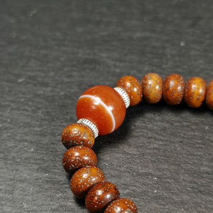 Authentic 9mm Lotus Seed Beads Wrist Mala Bracelet: Decades Old Tibetan Rosary Hand Hold Prayer Beads - 12cm Stretched