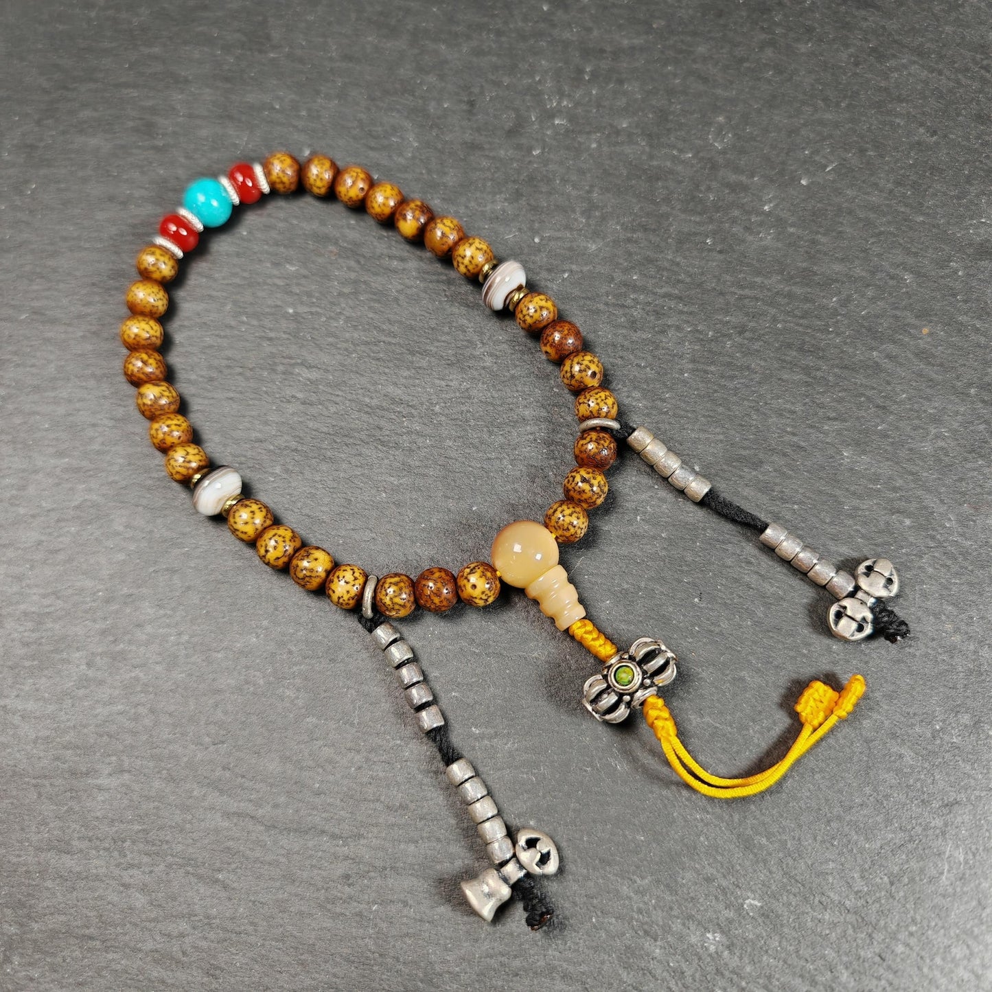 Authentic 9mm Lotus Seed Beads Wrist Mala Bracelet: Decades Old Tibetan Rosary Hand Hold Prayer Beads - 13cm Stretched