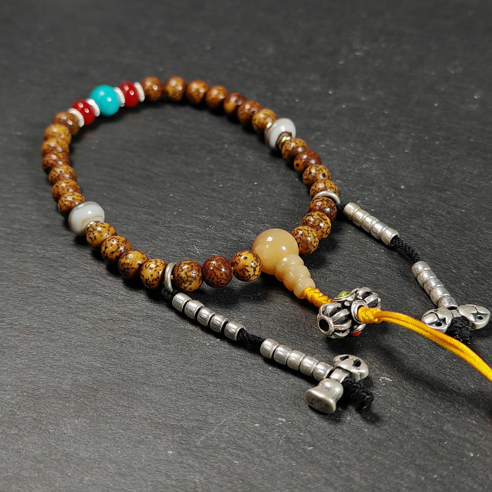 Authentic 9mm Lotus Seed Beads Wrist Mala Bracelet: Decades Old Tibetan Rosary Hand Hold Prayer Beads - 13cm Stretched