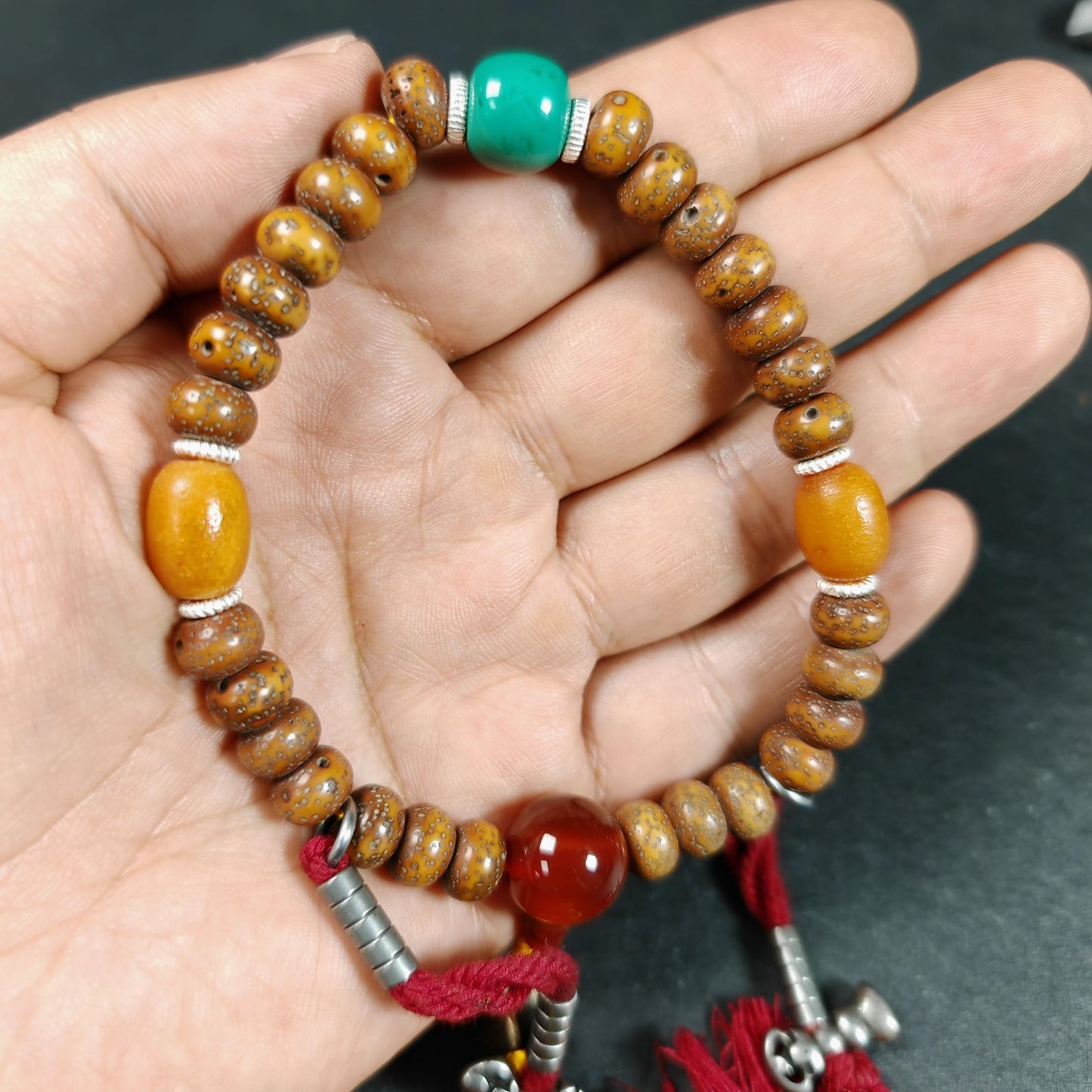 Authentic 9mm Lotus Seed Beads Wrist Mala Bracelet: Decades Old Tibetan Rosary Hand Hold Prayer Beads - 13cm Stretched
