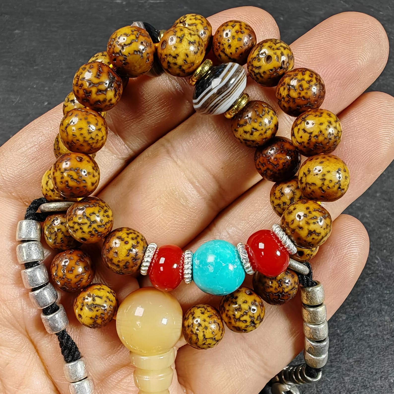 Authentic 9mm Lotus Seed Beads Wrist Mala Bracelet: Decades Old Tibetan Rosary Hand Hold Prayer Beads - 13cm Stretched