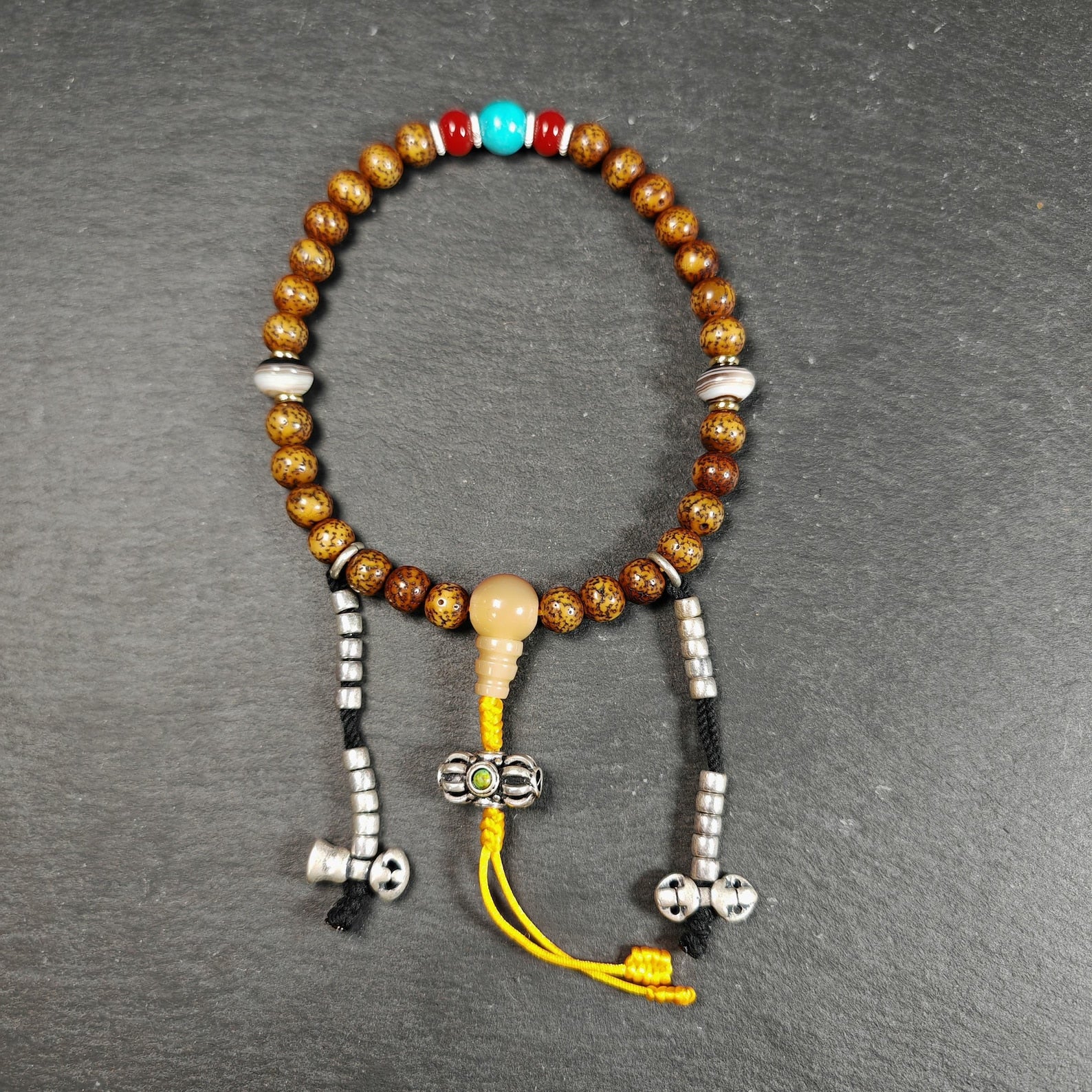Authentic 9mm Lotus Seed Beads Wrist Mala Bracelet: Decades Old Tibetan Rosary Hand Hold Prayer Beads - 13cm Stretched