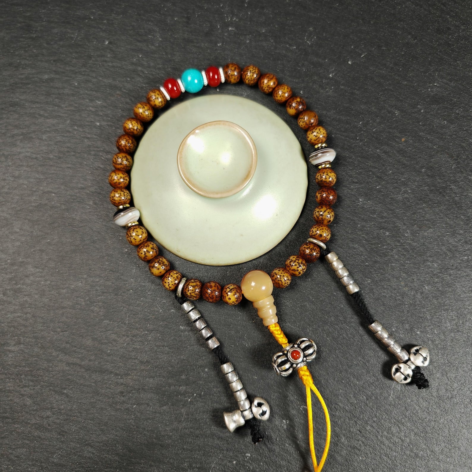 Authentic 9mm Lotus Seed Beads Wrist Mala Bracelet: Decades Old Tibetan Rosary Hand Hold Prayer Beads - 13cm Stretched